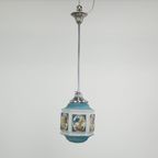 Vintage Voornamelijk Blauwe Art Deco Design Hanglamp Met Mooi Geschilderd Glas thumbnail 2