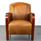 Luxe Rundleren Artdeco Design Armchair Met Houten Armleuningen En Cognac Kleur Leer thumbnail 3