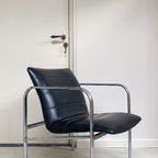 Vintage Chromen Fauteuil Met Zwart Leren Zitting thumbnail 7