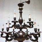 Art Deco Gepatineerd Bronzen Nederlands- Vlaamse Kasteel Kroonluchter, 12 Lichtpunten thumbnail 13