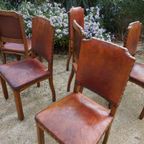 Set Van 6 Eiken Art Deco Eetkamerstoelen In Bruin Leer thumbnail 19