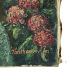 Vintage Schilderij Vrouw Bloemenpluk Acrylverf Op Doek Gesigneerd thumbnail 15