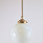 Vintage Art Deco Bol Hanglamp Schoollamp Messing Stang ‘50 thumbnail 5