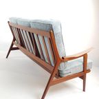 Vintage Teakhouten Bank 3 Zits Licht Blauw Ribstof Teak Hout thumbnail 8
