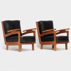 Vintage Lounge Fauteuils Met Eiken Frame En Zwart Leer, 1960s thumbnail 2