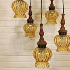 Vintage Grote Cascade Hanglamp Met 5 Glas En Hout Lampen thumbnail 12