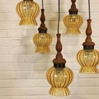 Vintage Grote Cascade Hanglamp Met 5 Glas En Hout Lampen thumbnail 2