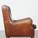 Prachtig Gekleurde, Stoere Vintage Schapenleren Fauteuil Met Een Hoge Rug En Afgewerkt Met Zwarte thumbnail 7