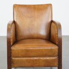 Unieke En Tijdloze Cognac-kleurige Schapenleren En Houten Art Deco Design Fauteuil thumbnail 4
