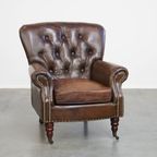 Prachtige, Unieke Cognac Kleurige Bruin Generfde Rundleren Chesterfield Fauteuil/ Armchair thumbnail 9
