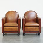 Set Van 2 Mooie, Cognac Kleurige, Schapenleren Art Deco Fauteuils thumbnail 2