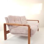 Vintage Teakhouten Bank Licht Roze Ribstof | Roze Bank Hout thumbnail 13