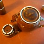 Mid Century Psychedelic Marbled Bruin And White Teapot Set With 4 Small Teacups thumbnail 4