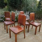 Set Van 6 Eiken Art Deco Eetkamerstoelen In Bruin Leer thumbnail 18