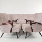 Vintage Fauteuils + Bank | Bankstel Roze Ribstof Nieuw Teak thumbnail 4