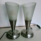 Set Van 2 Ikea Look Vintage Schemerlamp Nachtlampjes Chroom Met Gesatineerd Punt Glas thumbnail 2