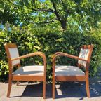 Set Van 2 Vintage Fauteuils Met Gebogen Houten Armleggers thumbnail 3