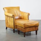 Comfortabele, Luxe Rundleren Fauteuil/armchair + Hocker Met Een Correcte Afwerking Met Siernagels thumbnail 2