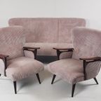 Vintage Fauteuils + Bank | Bankstel Roze Ribstof Nieuw Teak thumbnail 5