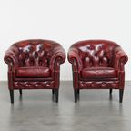 Set Van 2 Mooie Engelse Rundleren Chesterfield Clubfauteuils In Een Gevlamde Rode Kleur thumbnail 3