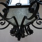 Antieke Smeedijzeren En Glas-In-Lood Lantaarn Hallamp, Frankrijk 1900 thumbnail 4