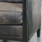 Unieke En Karaktervolle, Strakke Zwarte Art Deco Design Rundleren En Houten Armchair thumbnail 11