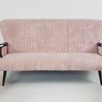 Vintage Bank | Bankstel Roze Ribstof Nieuw Teak thumbnail 4