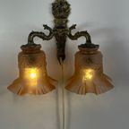 Art Deco - Antique Wall Mounted Lamp - Brass Base And Two Pink Satin Glass Shades With A Skirt Mo thumbnail 10