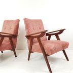 Vintage Fauteuils Teakhout | Roze Rib Stof Nieuw Setprijs thumbnail 4