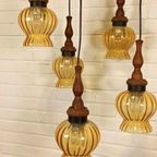 Vintage Grote Cascade Hanglamp Met 5 Glas En Hout Lampen thumbnail 7