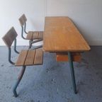 Vintage Stoere Industriële Schoolbank Uit Frankrijk. thumbnail 9