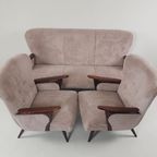 Vintage Fauteuils + Bank | Bankstel Roze Ribstof Nieuw Teak thumbnail 12