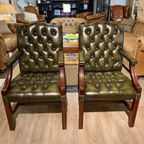 2 X Engelse Chesterfield Fauteuils/stoelen In Nieuwstaat Antiek Groen thumbnail 4