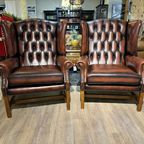 2 X Engelse Xl Chesterfield Oorfauteuils In Darkrust / Rood Bruin Leer Georgian thumbnail 2