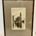 Antieke Ets, Munttoren Amsterdam, 36 X 27 Cm, Reliving thumbnail 5