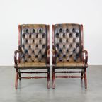 Set Van 2 Sierlijke En Karaktervolle Groene Vintage Rundleren Engelse Chesterfield Fauteuils thumbnail 11