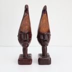 Vintage Houtsnijwerk Beelden Afrikaanse Hoofden thumbnail 6