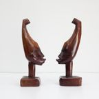 Vintage Houtsnijwerk Beelden Afrikaanse Hoofden thumbnail 7