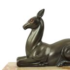 Art Deco Beeld Spelter Metaal Op Marmer Hert Hinde Jaren 30 thumbnail 6