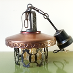 Vintage Brutalist Hanglamp Gehamerd Metaal Amberkleurig Glas Koperen Kap thumbnail 13