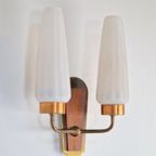 Vintage Wandlamp Deens Teak Hout Messing Melkglas ‘60 thumbnail 5