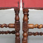 Leuke Antieke Set Van 4 Hollandse Eetkamerstoelen Met Mooi Houtsnijwerk En Rode Stoffen Bekleding thumbnail 12