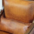 Mooie Cognac Kleurige Schapenleren Art Deco Design Fauteuil/ Armchair Gecombineerd Met Hout thumbnail 6