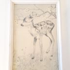 Vintage Schilderijtje Drukprent Achter Glas In Lijst Bambi Hertje thumbnail 4