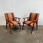 Tweetal Vintage Houten Fauteuils Met Gestreepte Stof, 1970’s thumbnail 7