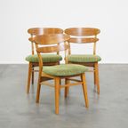 Set Van 3 Leuke Vintage Houten Design Eetkamerstoelen Uit De Jaren ’60 Met Groene Stoffen Zitting thumbnail 2