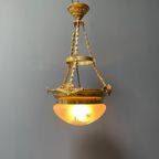Grote Antieke Messing Hanglamp Met Geslepen Glas thumbnail 14
