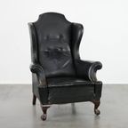 Grote Antieke Zwarte Engelse Rundleren Oorfauteuil Uit Eind 19e Eeuw Met Een Luxe Uitstraling thumbnail 2