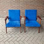 Set Vintage Deense Fauteuils Jaren 60 Ribstof Blauwe Stoelen thumbnail 4