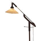 Vintage - Teak Wooden - Floor Lamp With Foldable Arm - Opaline Glass Shade - Denmark, Ca. 1950 thumbnail 3